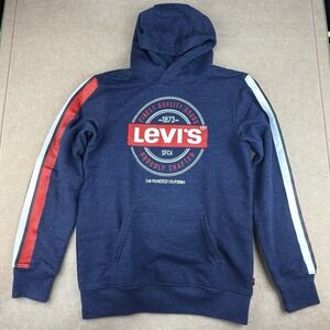 Levi's Youth Hoodie L‎ Blue Red Logo Pullover Sweatshirt Stripe Sleeve SFCA 1873